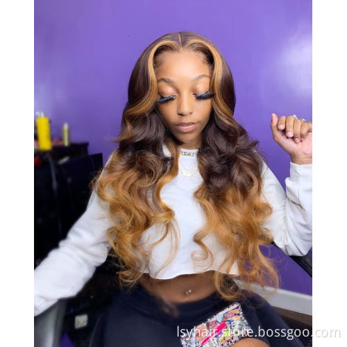 Wavy Ombre Blonde Highlights Color 13x4  Deep part Lace Front Human Hair Wigs 180% Density 360 Wig High Density Hair Wigs